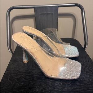 Betsey Johnson Rhinestone Clear Mule Heels Sz 8 Glam Sparkle
